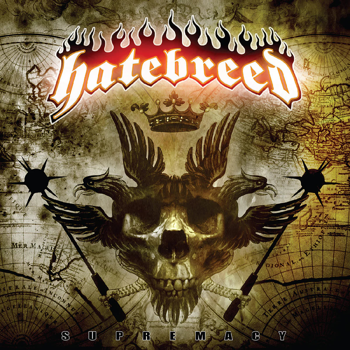 Album cover for 'Supremacy' by Hatebreed with a skull and wings design on a map background.
