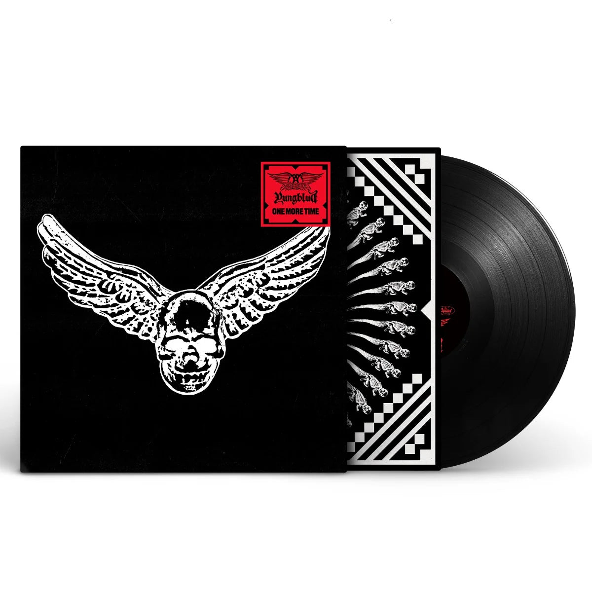 Vinyl record with a black and white cover featuring wings and a skull, on a white background.
