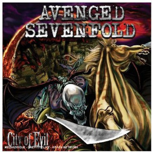Album cover for Avenged Sevenfold's 'City of Evil' with intricate designs and text.