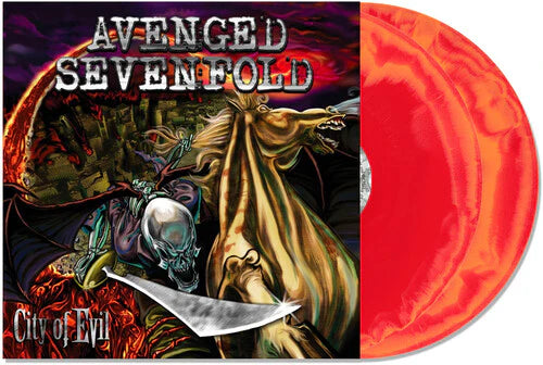 Vinyl record with 'Avenged Sevenfold' album cover featuring a red and orange color scheme.