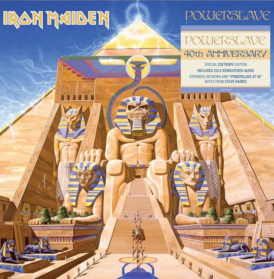 Album cover for Iron Maiden's 'Powerslave' with Egyptian temple design and statues.