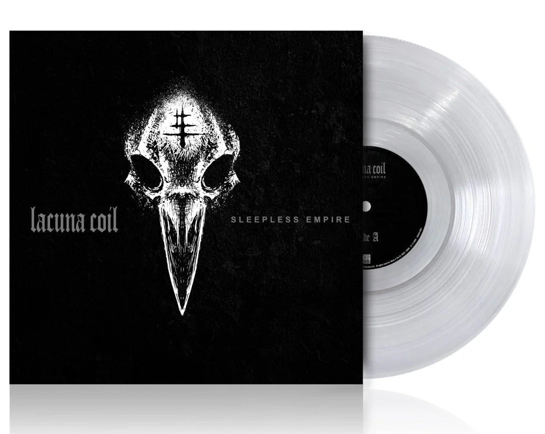 Clear vinyl record with black cover featuring a bird skull design and 'Lacuna Coil' branding.