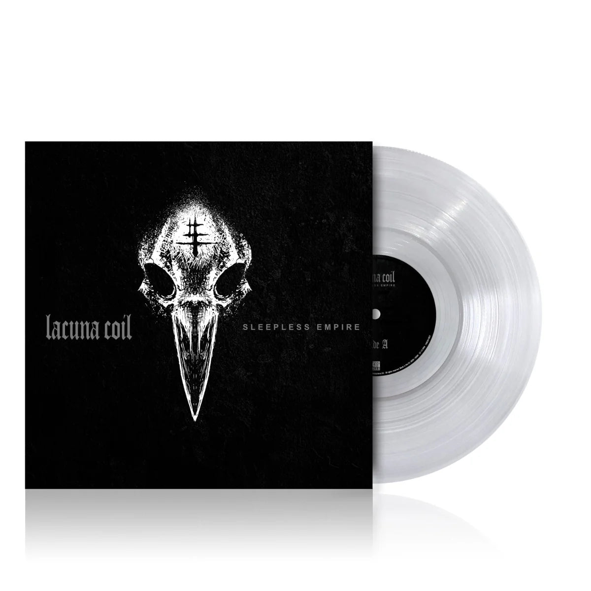 Clear vinyl record with black cover featuring a bird skull design and 'Lacuna Coil' branding.