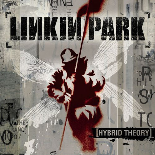 Album cover for 'Hybrid Theory' by Linkin Park with stylized text and graphic design.