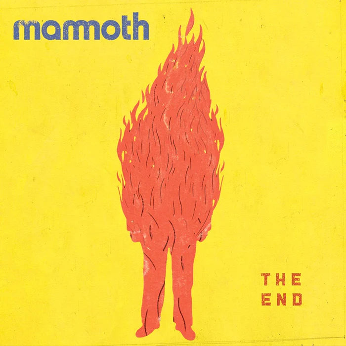 Album cover with red silhouette of a person on fire and 'mammoth' and 'THE END' text on a yellow background