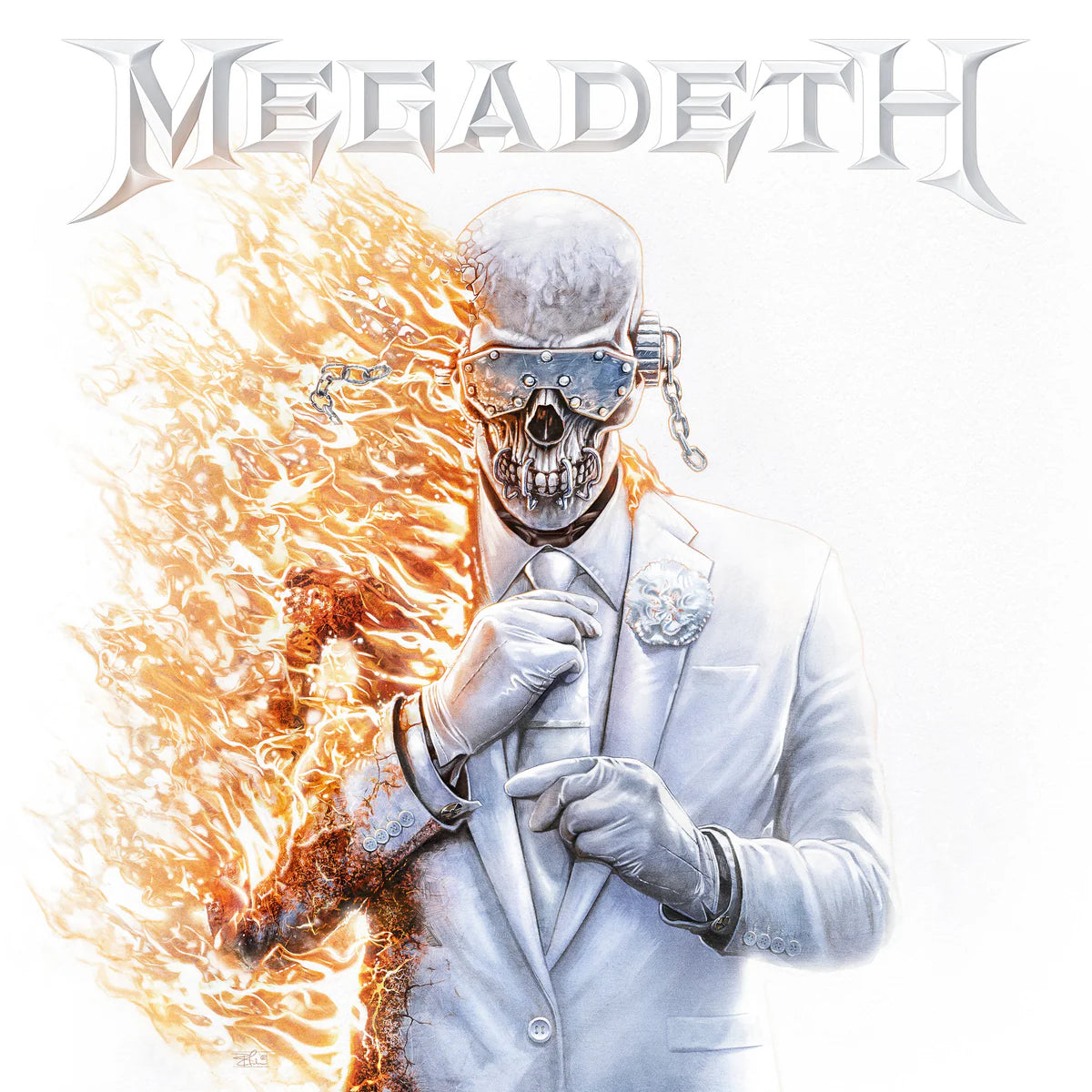 Album cover for Megadeth featuring a skeleton in a suit with flames.