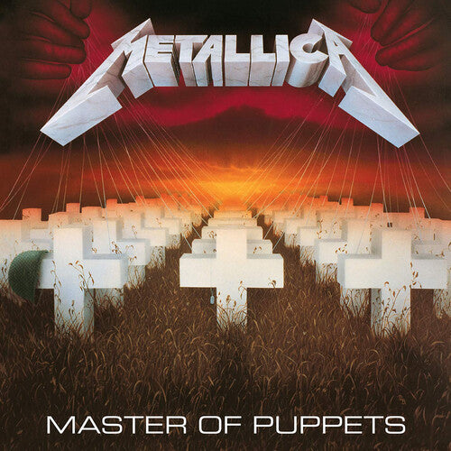Album cover for Metallica's 'Master of Puppets' with cross-shaped crosses and puppet hands.