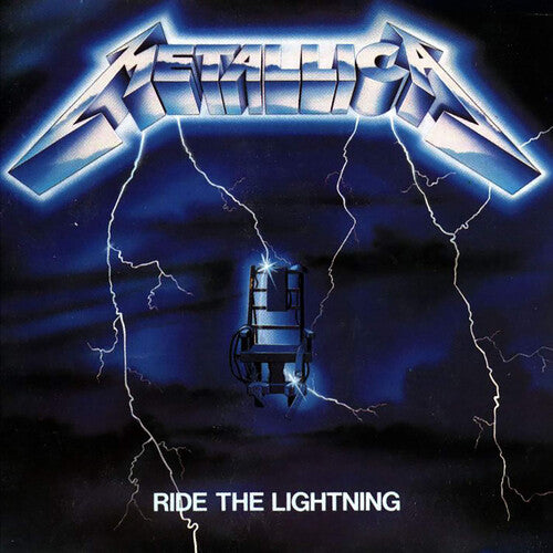 Album cover of Metallica's 'Ride the Lightning' with lightning effects and the band's logo.