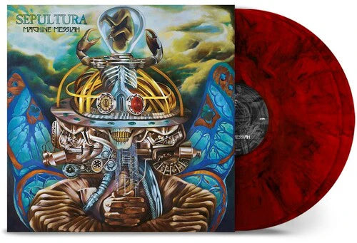 Vinyl record with a colorful cover featuring mechanical design and 'Sepultura' branding.